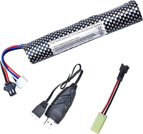 Airsoft Batteries 11.1V Gel Blaster Battery 11.1 Volt 2000mAh with Charger and SM-2P Plug to Mini Tamiya Connector Cable for Water Bead Splatter Ball（1 Pack in Kuwait