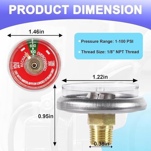 5 قطع مقياس ضغط 100 رطل لكل بوصة مربعة لطفايات حريق المياه المحمولة المتوافقة مع Amerex، Ansul، Badger، جزء بديل طفاية حريق المياه المصنوعة من الفولاذ المقاوم للصدأ، خيط NPT 1/8 بوصة، قرص أحمر in Kuwait