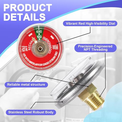 5 قطع مقياس ضغط 100 رطل لكل بوصة مربعة لطفايات حريق المياه المحمولة المتوافقة مع Amerex، Ansul، Badger، جزء بديل طفاية حريق المياه المصنوعة من الفولاذ المقاوم للصدأ، خيط NPT 1/8 بوصة، قرص أحمر in Kuwait