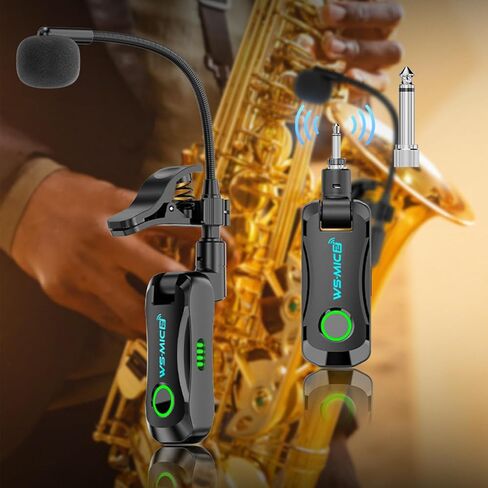 Wireless Saxophone Microphone System, Clip on Instrument Microphone Suitable for Saxophone/Trumpet/Trombone/Flute, Multi-Purpose Mic, Wireless Receiver and Transmitter,360° Adjustable (Black) in Kuwait