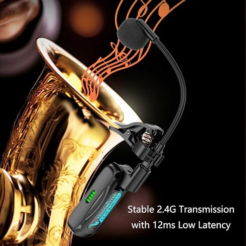 Wireless Saxophone Microphone System, Clip on Instrument Microphone Suitable for Saxophone/Trumpet/Trombone/Flute, Multi-Purpose Mic, Wireless Receiver and Transmitter,360° Adjustable (Black) in Kuwait