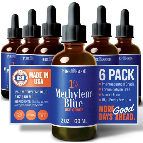 سائل الميثيلين الأزرق 1٪ - 10 مجم لكل 1 مل - 60 مل (2.03 أونصة سائلة) - حوالي 60 حصة لكل زجاجة (6 عبوات) - تم اختباره من قبل طرف ثالث - زجاجة من الزجاج الكهرماني in Kuwait