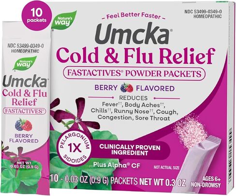 Nature's Way Umcka FastActives Cold+Flu Powder Packets, Fever††, Sore Throat, Cough, and Congestion Relief, Berry Flavored, 60 Packets in Saudi Arabia