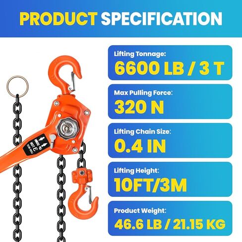 Manual Lever Chain Hoist, 1-1/2 Ton 3300 lbs Capacity 10 Foot Come Along, G80 Galvanized Carbon Steel with Weston Double-Pawl Brake, Auto Chain Leading and Rotation Hook, for Garage Factory Dock in Saudi Arabia