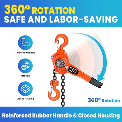 Manual Lever Chain Hoist, 1-1/2 Ton 3300 lbs Capacity 10 Foot Come Along, G80 Galvanized Carbon Steel with Weston Double-Pawl Brake, Auto Chain Leading and Rotation Hook, for Garage Factory Dock in Saudi Arabia