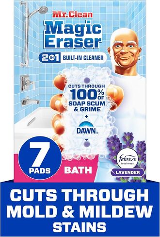 Mr. Clean Magic Eraser Sponge, Bathroom, Shower, Tub Cleaner, Soap Scum Remover, Bathroom Cleaning Supplies, Dawn Cleaning Power with Lavender Scent, Shower & Tub, 6ct in Kuwait