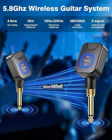 Wireless Guitar System 5.8GHz with 2000mAh Charging Case, 6 Channels, 30H Work Time, 24Bit Hi-Res Audio, Wireless Bass Transmitter Receiver for Electric Guitar Bass & Instruments in Kuwait
