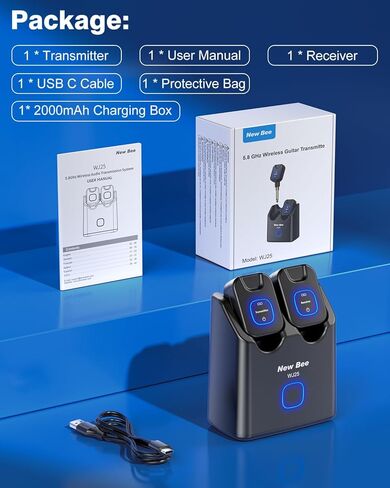 Wireless Guitar System 5.8GHz with 2000mAh Charging Case, 6 Channels, 30H Work Time, 24Bit Hi-Res Audio, Wireless Bass Transmitter Receiver for Electric Guitar Bass & Instruments in Kuwait