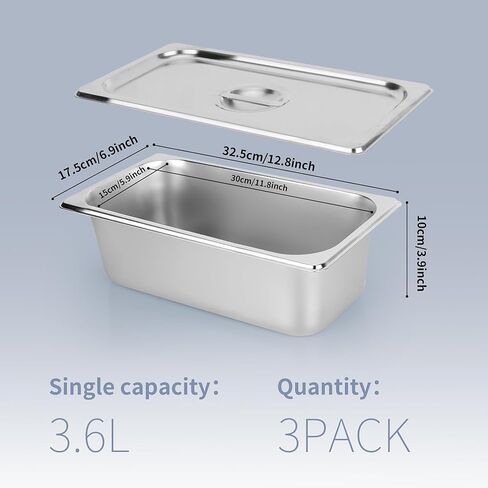 3 Pack 1/3 Size Steam Table Pan with Lid, 4 Inch Deep Restaurant Hotel Pan, Stainless Steel Steam Containers for Household or Kitchen Use in Kuwait