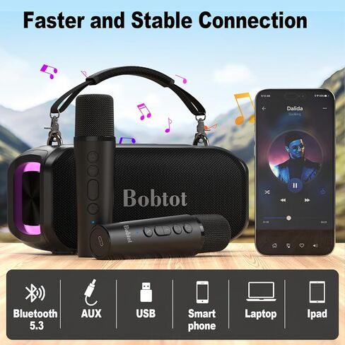Bobtot Portable Speaker with 2 Wireless Microphones Outdoor Speaker IPX5 Waterproof Speaker with Handle Stereo Loud Sound, Home & Outdoor Party in Saudi Arabia