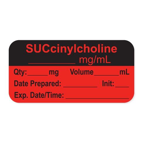PDC Healthcare LAN-2-20 Anesthesia Label with Exp. Date, Time, and Initial, Paper, Permanent, "SUCcinylcholine mg/mL", 1" Core, 1-1/2" x 3/4", 500 per Roll, Fl. Red (Pack of 500) in Saudi Arabia