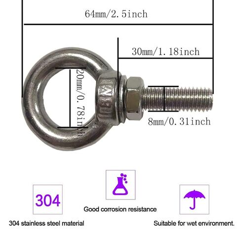 [304] مسامير بعروة من الفولاذ المقاوم للصدأ M8 مقاس 1.2 بوصة، 4 قطع، طول الخيط: 30 مم in Kuwait