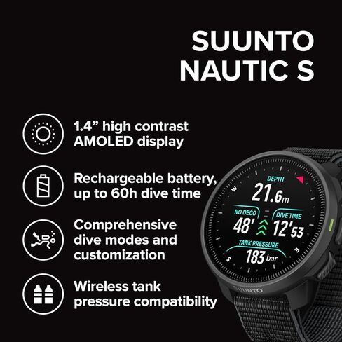 جهاز كمبيوتر SUUNTO Nautic S Dive Watch مع شاشة AMOLED ساطعة ونظام تحديد المواقع العالمي (GPS) والخرائط غير المتصلة بالإنترنت وأدوات الطقس، وضغط الخزان اللاسلكي، حتى 60 ساعة بشحنة واحدة in Saudi Arabia