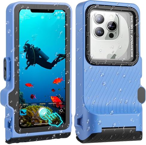 حافظة هاتف للغطس بطول 33 قدمًا، غطاء مقاوم للماء IP68 تحت الماء لهاتف iPhone 16/15/14/13/12/11 Pro Max Samsung Galaxy S24/S23/S22، حماية كاملة لشاشة اللمس، (الجيل 4، أسود أزرق) in Kuwait
