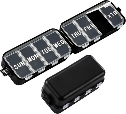 NEW Foldable Weekly Pill Organizer with Extra Grid, Portable 7 Day Pill Box Once / 1 Time a Day, Week Daily Medicine Organizer - Large Travel Pill Case Holder Dispenser for Vitamin, Supplement-Khaki in Kuwait