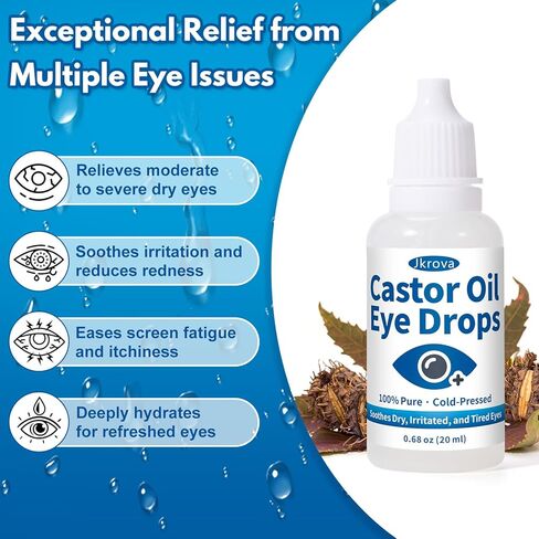 قطرات زيت الخروع للعين - ترطيب عميق وتخفيف مهدئ للعيون الجافة والمتهيجة والحكة والمتعبة | زيت الخروع العضوي المضغوط على البارد بنسبة 100% - 0.68 أونصة سائلة in Kuwait