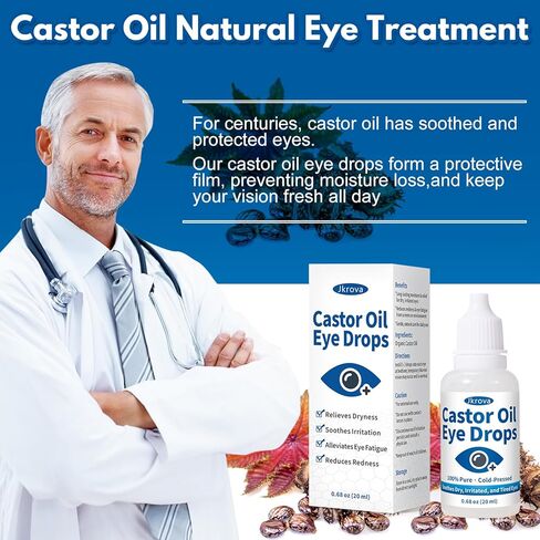 قطرات زيت الخروع للعين - ترطيب عميق وتخفيف مهدئ للعيون الجافة والمتهيجة والحكة والمتعبة | زيت الخروع العضوي المضغوط على البارد بنسبة 100% - 0.68 أونصة سائلة in Kuwait