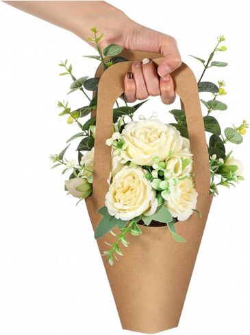 100 Packs Kraft Paper Flowers Gift Bags with Handle, 13.8'' Flowers Bouquet Holder for Wedding, Valentines Day Decoration, Florist Shop in Saudi Arabia