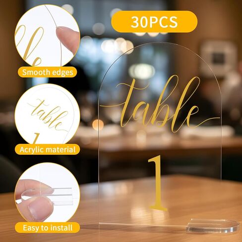 30 Sets Gold Wedding Table Numbers, 4x6 Inch Clear Number Display Stand with Holder, Acrylic Centerpiece Number Signs for Wedding Reception Centerpiece Decoration Event Party, Numbers 1-30 in Saudi Arabia