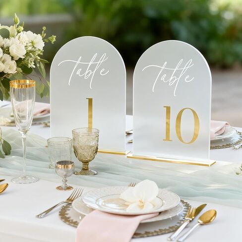 Frosted Wedding Table Numbers 1-10 with Stands, Elegant Gold 3D Arch Signs with Holder - 5.5" X 7" Arch Acrylic Table Numbers for Wedding Reception, Party, Anniversary, Events And Centerpiece in Saudi Arabia