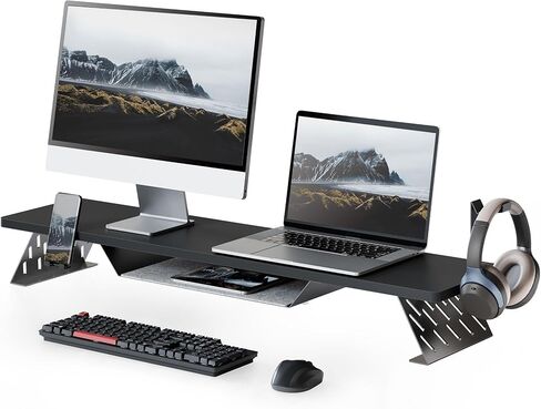 Fenge Dual Monitor Stand, 42.5 Inch Monitor Riser for Desk, Wood Desk Shelf for 2 Monitors, 2 Tier Monitor Shelf with Headphone Stand & Phone Holder in Kuwait