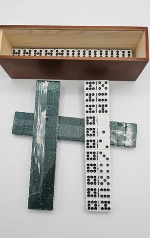 Double Six Dominoes Set with Wooden Storage Box, White and Green Tiles, Classic Table Game in Saudi Arabia