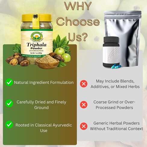 مسحوق الأيورفيدا التريفالا الأساسي | 7.05 أونصة (200 جرام) | مزيج أعشاب الأيورفيدا من أملا وهاريتاكي وبيبهيتاكي | يدعم عملية الهضم وصحة الأمعاء | خالي من الغلوتين، وغير معدل وراثيًا، ونباتي in Kuwait