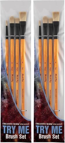 Mimik Hog Professional Synthetic Hog Bristle Paint Brush - Try-Me Set of 4 - Versatile Alternative to Natural Hog Hair Paint Brushes for Oil Painting, Acrylics, Inks, Dyes, Gouache, Watercolors & More in Kuwait