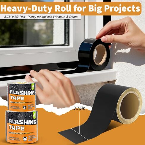 شريط وامض للنوافذ والأبواب، لفة 3.75 بوصة × 30 قدم، لاصق أكريليك، شريط وامض أسود ذاتي اللصق، مقاوم للماء، مقاوم للأشعة فوق البنفسجية، رائع لإغلاق الأبواب والنوافذ والبناء والإصلاحات in Kuwait