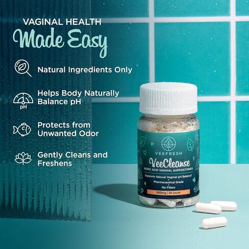 VeeFresh - VeeCleanse Boric Acid Vaginal Suppositories - Vaginal pH Balance Suppositories - Vaginal Odor Control - Feel Fresh, Feminine and Confident in Kuwait