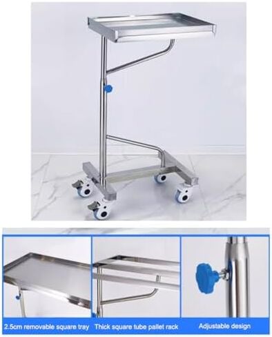 Adjustable Height Stainless Steel Tray Stand on Wheels - 45x35cm Lab Cart for Mcal Procedures - Portable Medical Instrument Holder - Easy Mobility and Convenience in Saudi Arabia