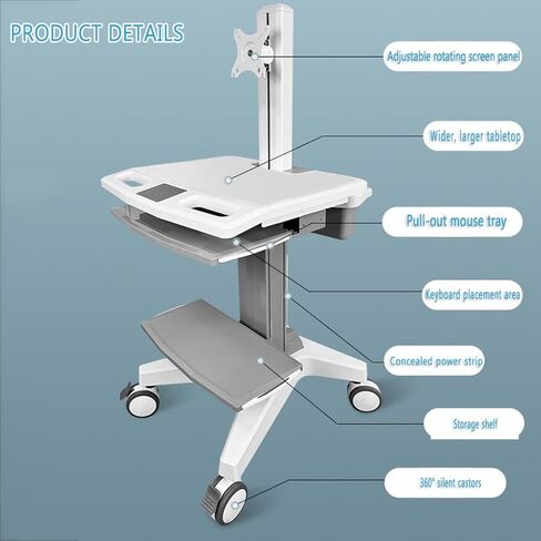 Mobile Trolley Cart, Height Adjustable80-102Cm, Rolling Lab Cart,Fitted with Four Silent Swivel Castors, Suitable for S, Laboratory Storage and Offices in Saudi Arabia