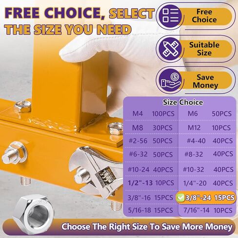 15 قطعة 3/8"-24 صواميل سداسية، 304 من الفولاذ المقاوم للصدأ (18-8) صواميل سداسية ذات خيط رفيع من UNF، أدوات تثبيت دقيقة مقاومة للاهتزاز للسيارات عالية الأداء والآلات والمشروعات عالية الشد in Kuwait
