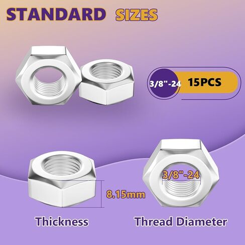 15 قطعة 3/8"-24 صواميل سداسية، 304 من الفولاذ المقاوم للصدأ (18-8) صواميل سداسية ذات خيط رفيع من UNF، أدوات تثبيت دقيقة مقاومة للاهتزاز للسيارات عالية الأداء والآلات والمشروعات عالية الشد in Kuwait