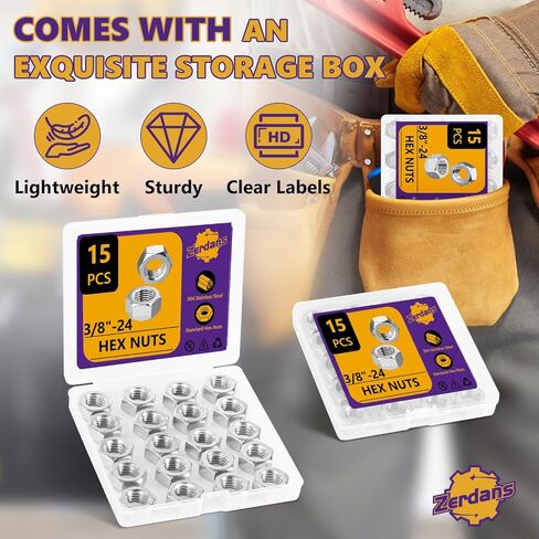 15 قطعة 3/8"-24 صواميل سداسية، 304 من الفولاذ المقاوم للصدأ (18-8) صواميل سداسية ذات خيط رفيع من UNF، أدوات تثبيت دقيقة مقاومة للاهتزاز للسيارات عالية الأداء والآلات والمشروعات عالية الشد in Kuwait