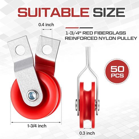 Lounsweer 50 Pcs 1-3/4" Red Nylon Pulley, Fiberglass Reinforced Nylon Pulley, Reinforced Baseball Batting Cage Cable System for Netting Baseball Batting Cages in Saudi Arabia