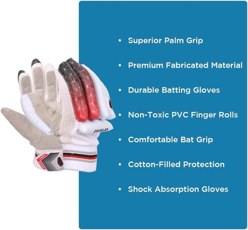 قفازات الضرب Optipro لنخيل نسيج الكريكيت الفاخر، لفات أصابع PVC غير سامة، ظهر قطني جيد التهوية وخفيف الوزن، مقاوم للعرق لقبضة أفضل، أبيض، كبير in Saudi Arabia