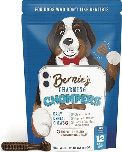 بيرني تشامينغ تشومبرز - مضغ أسنان يومي للكلاب بوزن 50-100 رطل. - 24 قطعة - تنظف الأسنان، وتنعش النفس، وتعزز الميكروبيوم في الفم والأمعاء. سهل الهضم، ويدعم الهضم الصحي بشكل طبيعي in Kuwait