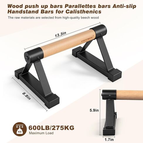 EVERYMATE Wood Push Up Bars Parallettes Bars with Rubber Feet, Anti-slip Handstand Bars for Calisthenics, Equipment for Home, Push Up Handles for Floor, Handstand Push Up Handles, Support 600 LB in Saudi Arabia