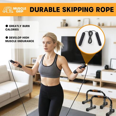 Push Up Bars Parallettes, 10" Heavy-Duty Steel Dip Bars with Non-Slip Foam Handles, Calisthenics Equipment for Handstands, L-Sit & Dips, Home Gym Workout Set with Jump Rope in Saudi Arabia