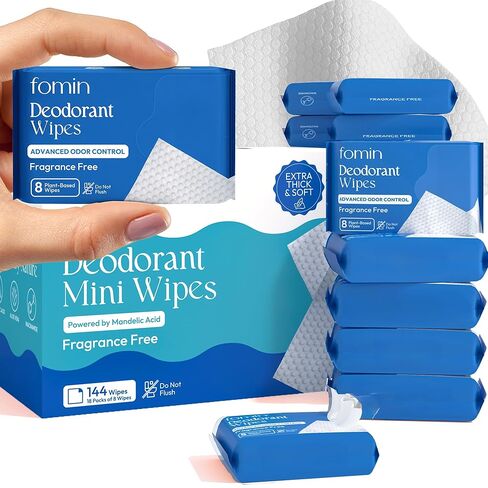 FOMIN Acidified Travel Deodorant Mini Wipes For Women & Men- Variety Pack - 72 Count - pH Balanced, Biodegradeable Mini Deodorant Travel Size Wipes - Plastic-Free, Underarm Body Wipes in Kuwait