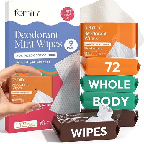 FOMIN Acidified Travel Deodorant Mini Wipes For Women & Men- Variety Pack - 72 Count - pH Balanced, Biodegradeable Mini Deodorant Travel Size Wipes - Plastic-Free, Underarm Body Wipes in Saudi Arabia