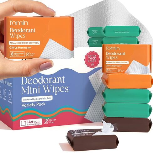 FOMIN Acidified Travel Deodorant Mini Wipes For Women & Men- Variety Pack - 72 Count - pH Balanced, Biodegradeable Mini Deodorant Travel Size Wipes - Plastic-Free, Underarm Body Wipes in Saudi Arabia