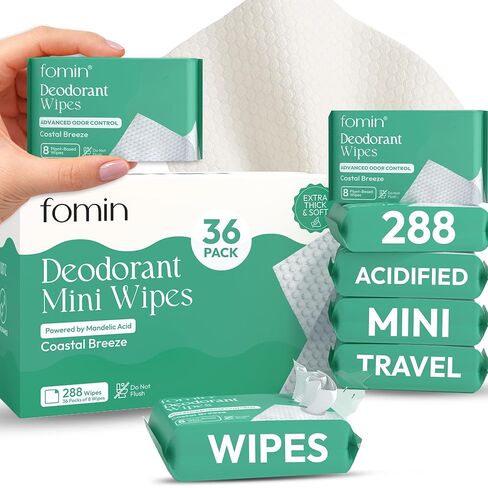 FOMIN Acidified Travel Deodorant Mini Wipes For Women & Men- Variety Pack - 72 Count - pH Balanced, Biodegradeable Mini Deodorant Travel Size Wipes - Plastic-Free, Underarm Body Wipes in Saudi Arabia