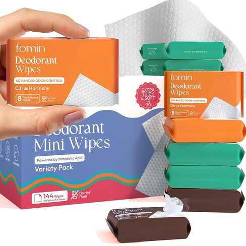 FOMIN Acidified Travel Deodorant Mini Wipes For Women & Men- Variety Pack - 72 Count - pH Balanced, Biodegradeable Mini Deodorant Travel Size Wipes - Plastic-Free, Underarm Body Wipes in Saudi Arabia