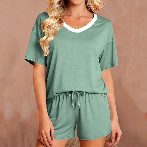 Pajamas For Women Set V-Neck Two Piece Modal Pajama Sets Short Sleeve Tshirt with Shorts Lightweight Summer Loungewear in Saudi Arabia