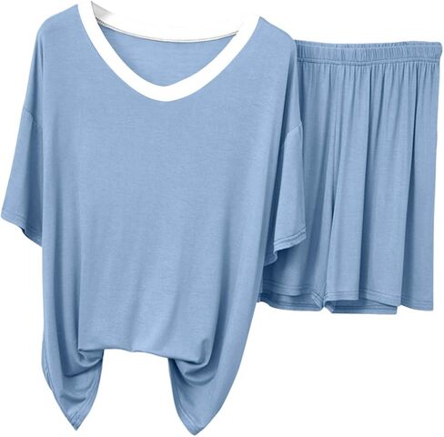 Pajamas For Women Set V-Neck Two Piece Modal Pajama Sets Short Sleeve Tshirt with Shorts Lightweight Summer Loungewear in Kuwait