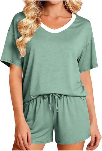 Pajamas For Women Set V-Neck Two Piece Modal Pajama Sets Short Sleeve Tshirt with Shorts Lightweight Summer Loungewear in Saudi Arabia