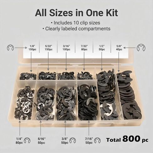 مجموعة متنوعة من حلقات الاحتفاظ بمشبك E - 800 قطعة 10 أحجام من مجموعة حلقات الاحتفاظ من فولاذ المنغنيز، حلقات إلكترونية من الدرجة الصناعية للسيارات والآلات والدراجات والمشروعات اليدوية (بوصة) in Kuwait