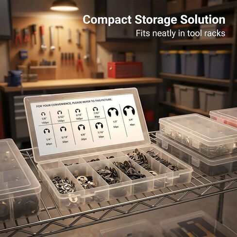 مجموعة متنوعة من حلقات الاحتفاظ بمشبك E - 800 قطعة 10 أحجام من مجموعة حلقات الاحتفاظ من فولاذ المنغنيز، حلقات إلكترونية من الدرجة الصناعية للسيارات والآلات والدراجات والمشروعات اليدوية (بوصة) in Kuwait